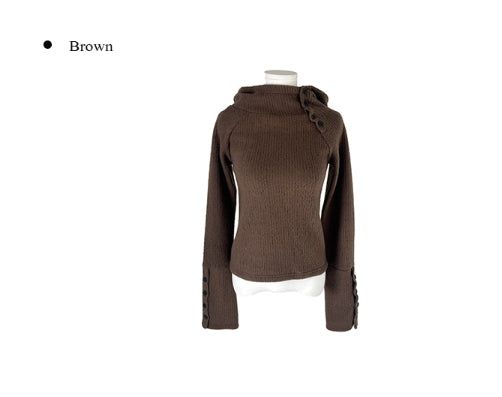 [Fleece/Sleeves Button] Rambo Brushed High Neck Ribbed Button Hood Knit