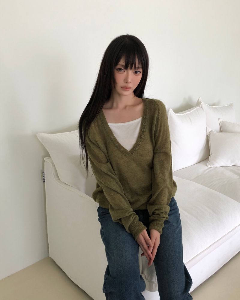 Diang Deep V-Neck Button Mohair Long-Sleeve Knit