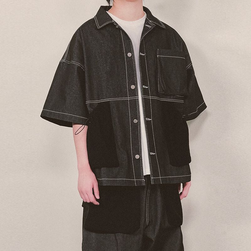 reverse terry pocket denim shortsleeve shirt_black