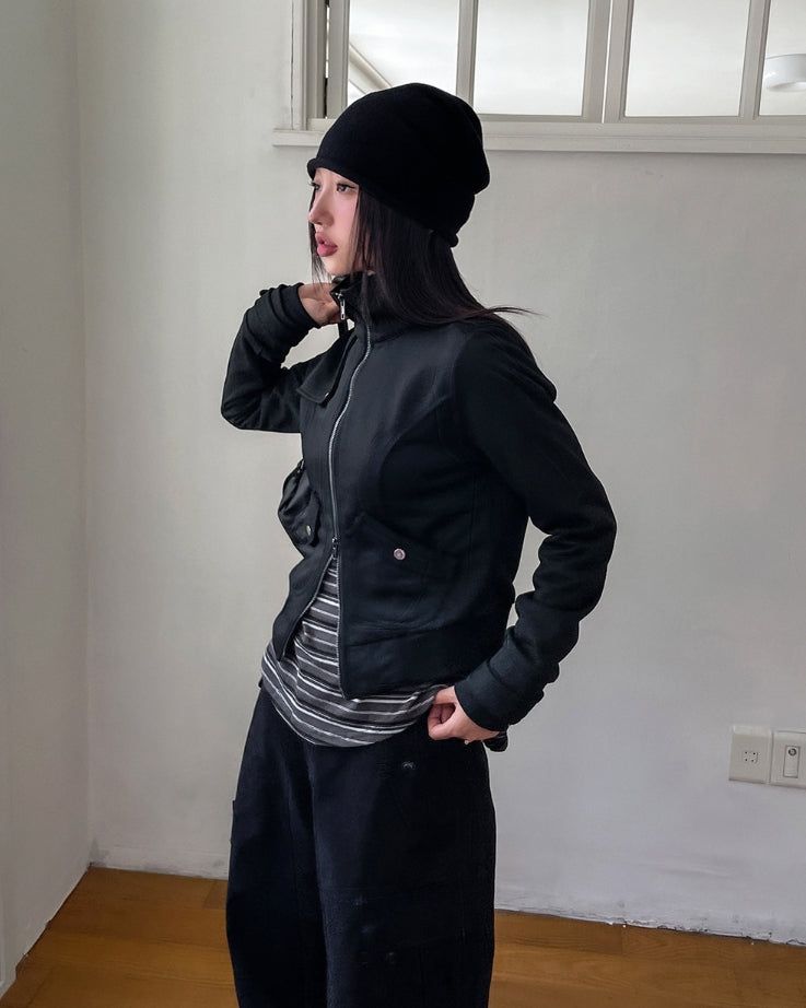 Pearly cut high neck two-way zip-up