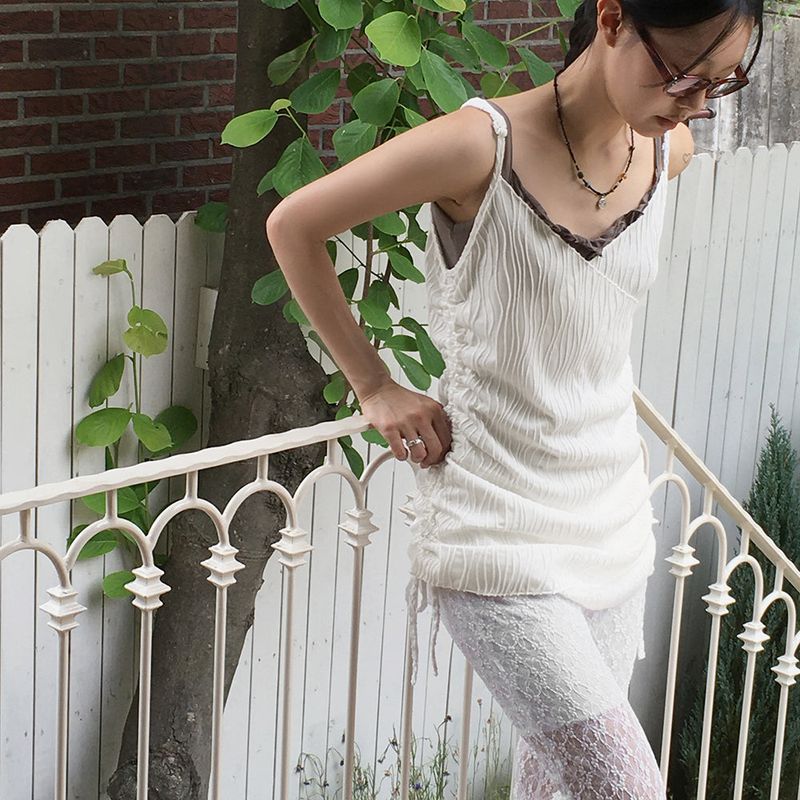 [MADE]  Mark Pleats Wrap Shirring Layered Mini Sleeveless Dress