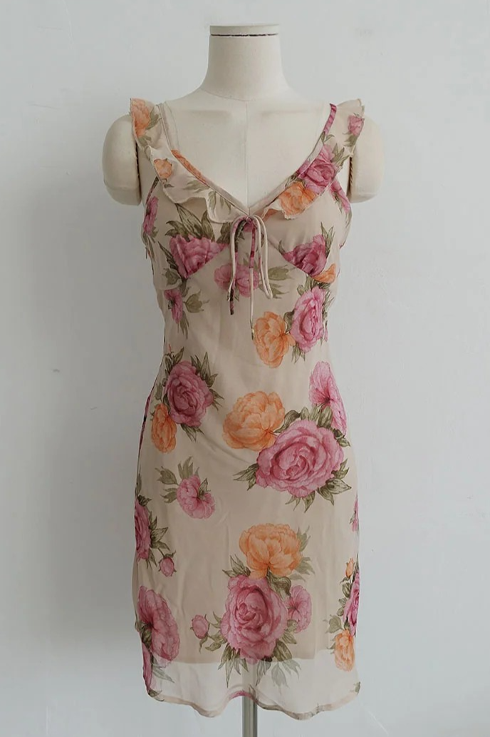VINTAGE ROSE RUFFLE-STRAP MINI DRESS