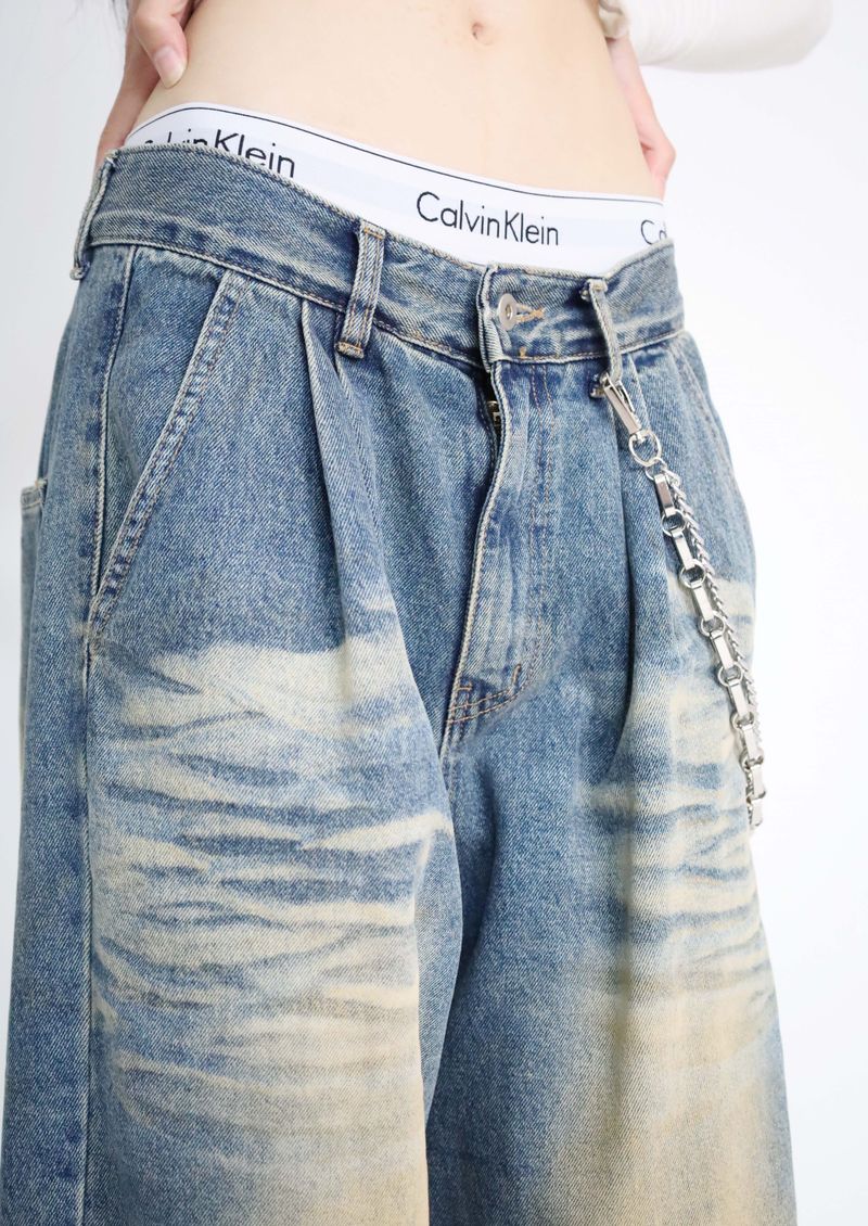(UNISEX)Mud-Washed Wide Denim Pants