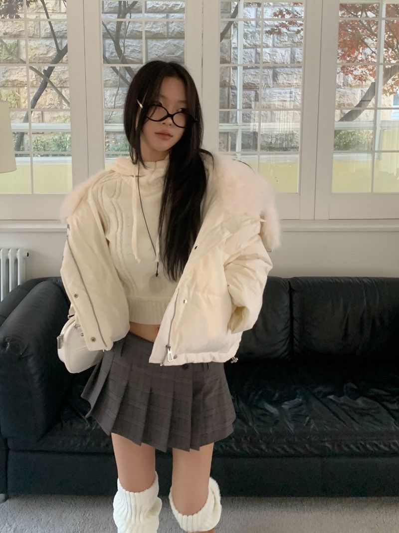 Ice Bloom Fur-Collar Duck Down Short Puffer