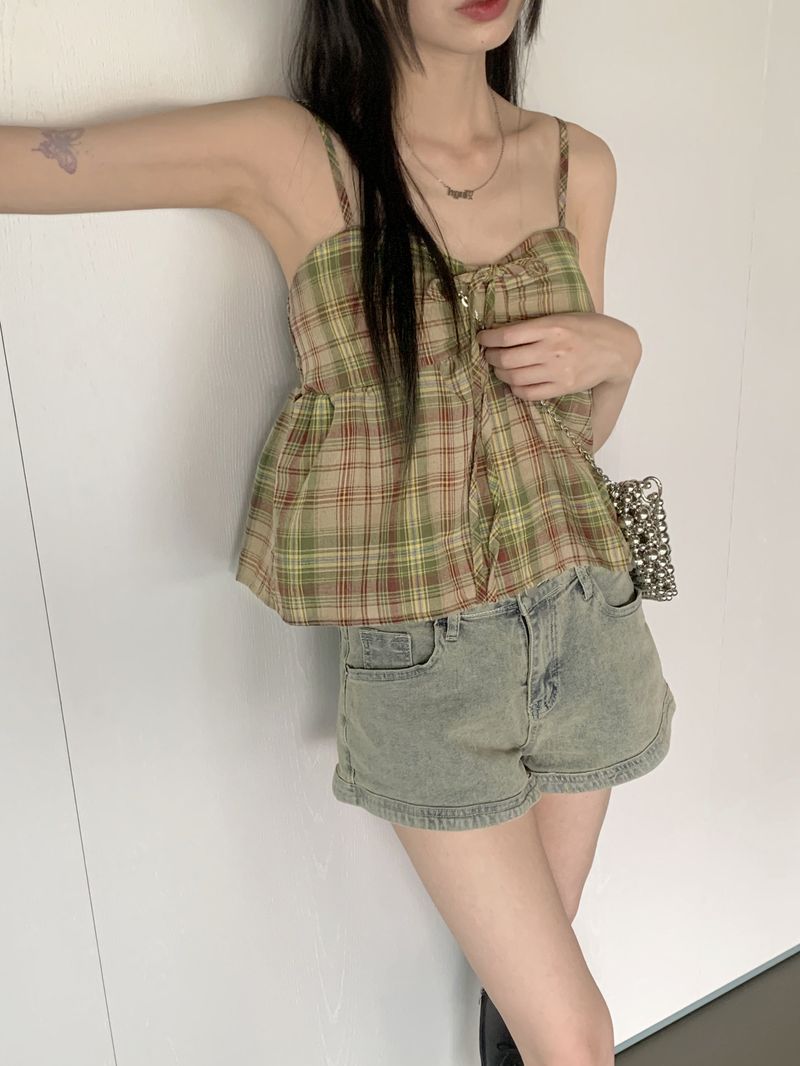 WONDER WONDER(ワンダーワンダー)の「Lipen Check Cap-Included Shirring Ribbon String Sleeveless(Tops)」
