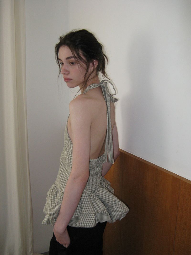 Gingham halter blouse_khaki