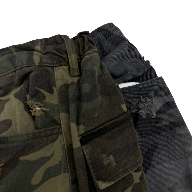 camo bio washed distressed pants