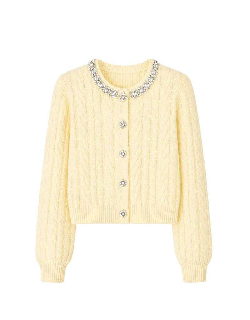 Aria Beads Detail Wool Blended Cable Knit Cardigan Butter