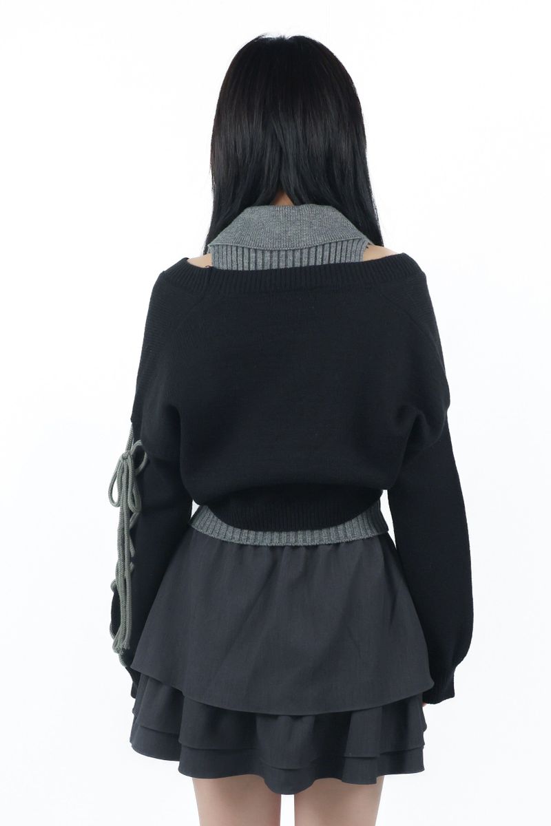 laceup ribbon knitset(black)