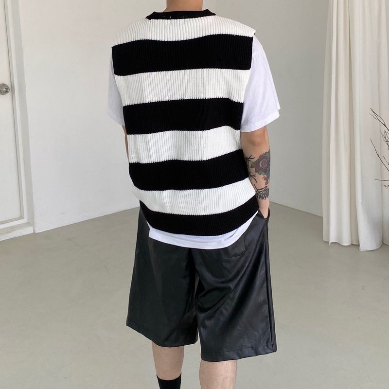 Stripe round neck knit vest 2C
