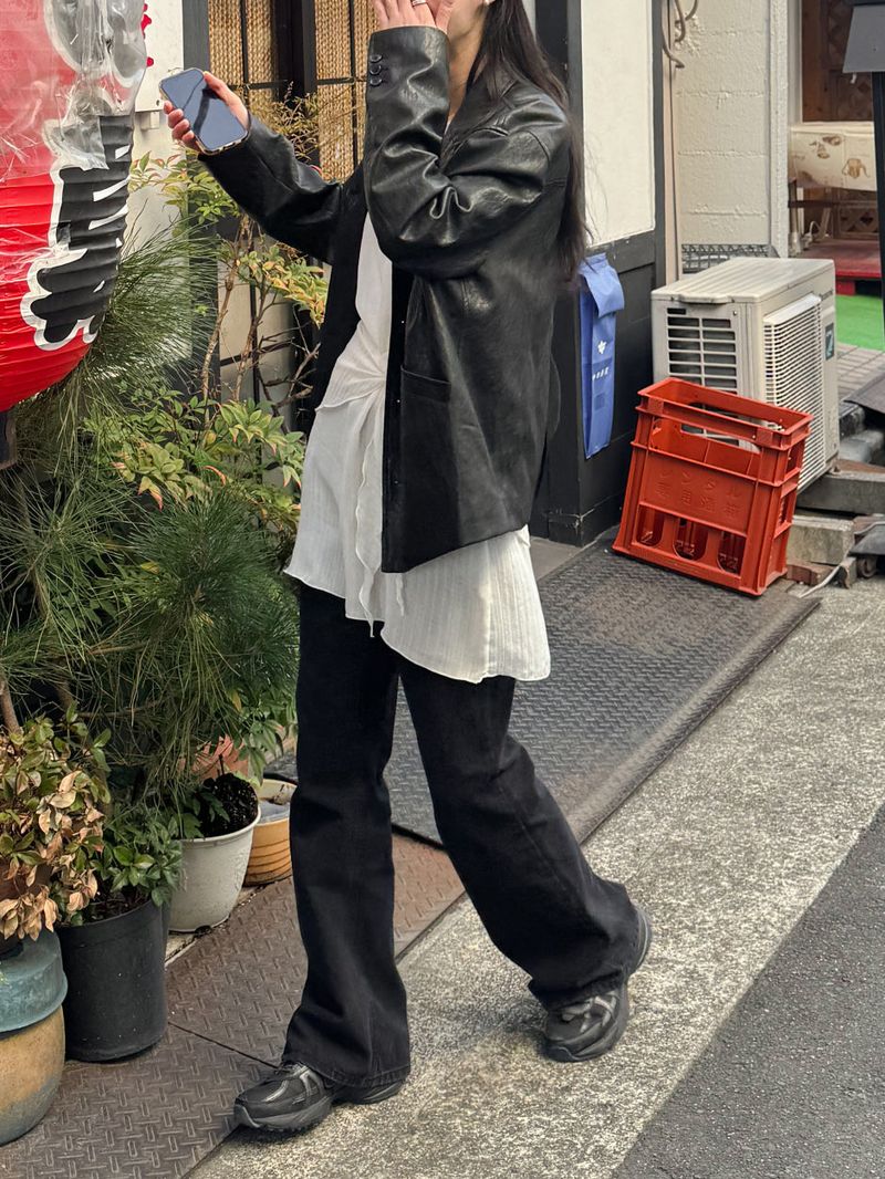 [Unisex] Crop Leather Single Over Fit Jacket