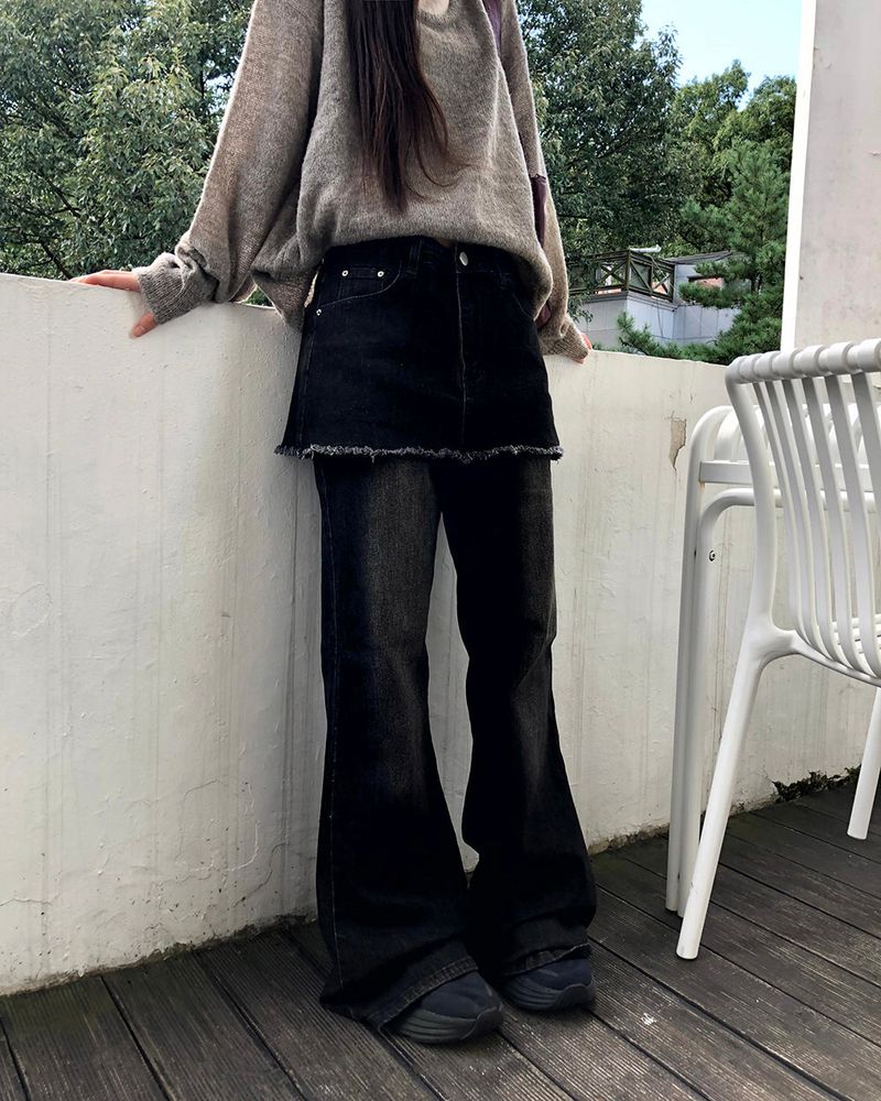 Kirrit Pocket Bootcut Washed Denim Skirt-Pants