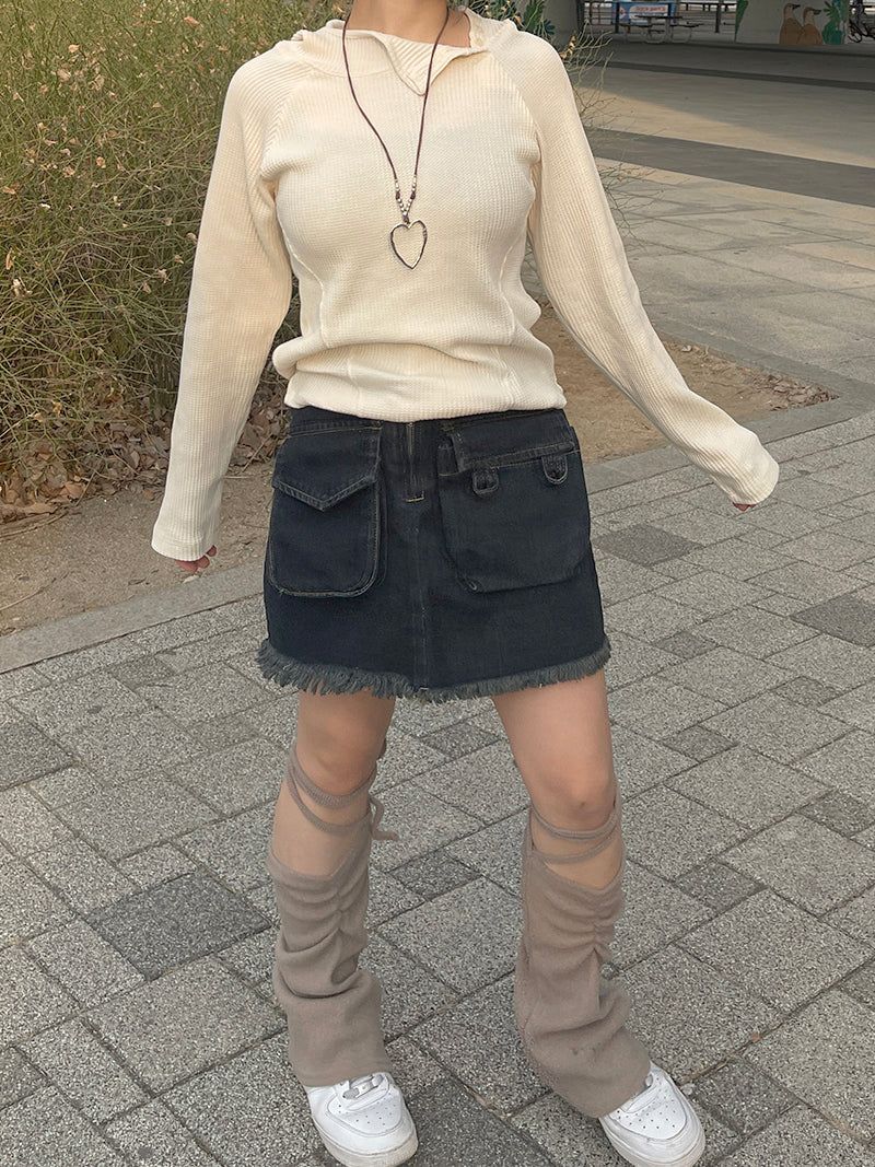 Waffle cut diagonal knit hood