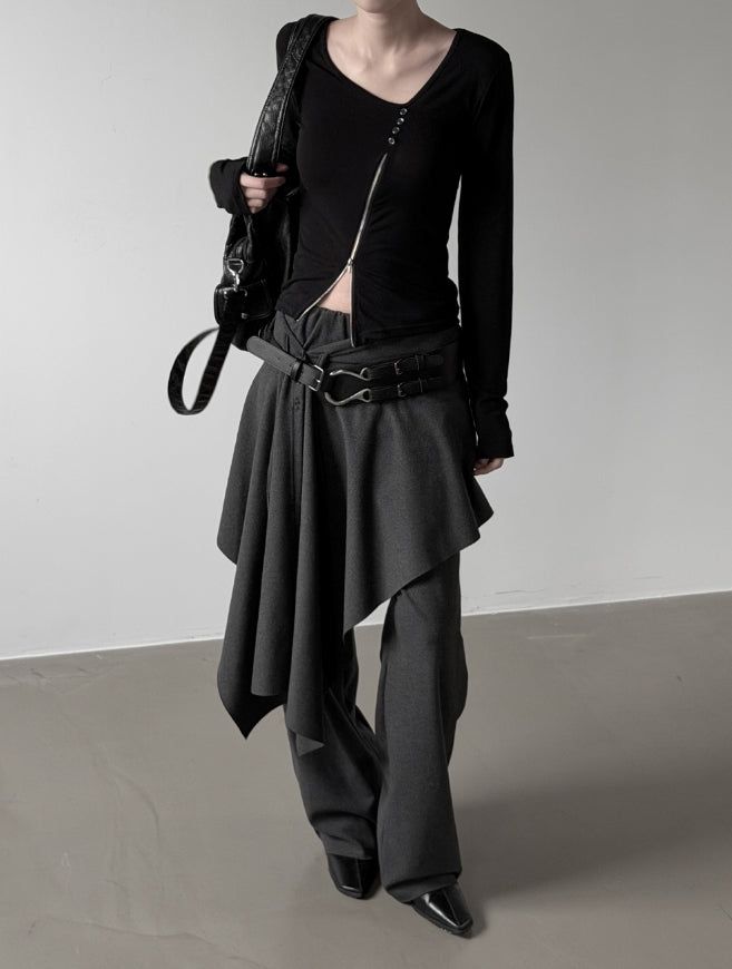Wet Button Slit Zipper Long Sleeve Top