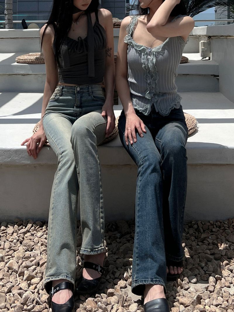 High waist light & deep blue washed bootcut long denim pants (2 colors)