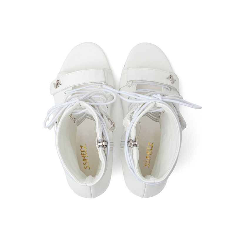 Double Strap Lace-Up Open Toe Heel(White)