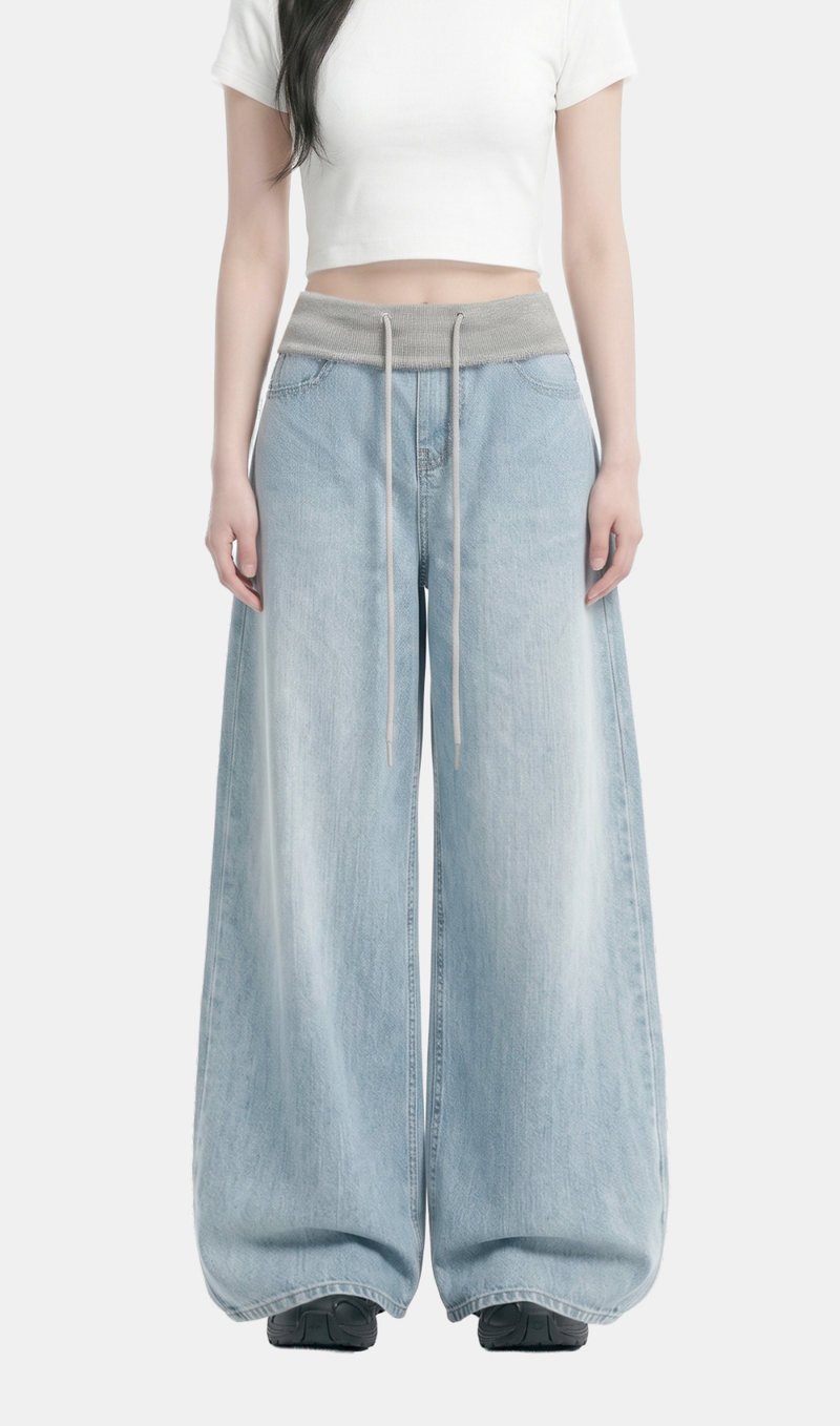 Rina Drawstring Wide Denim Pants