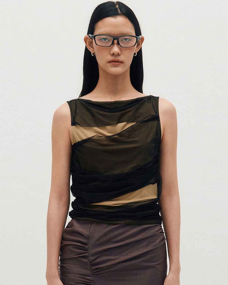 Mesh Layered Sleeveless _ BLACK