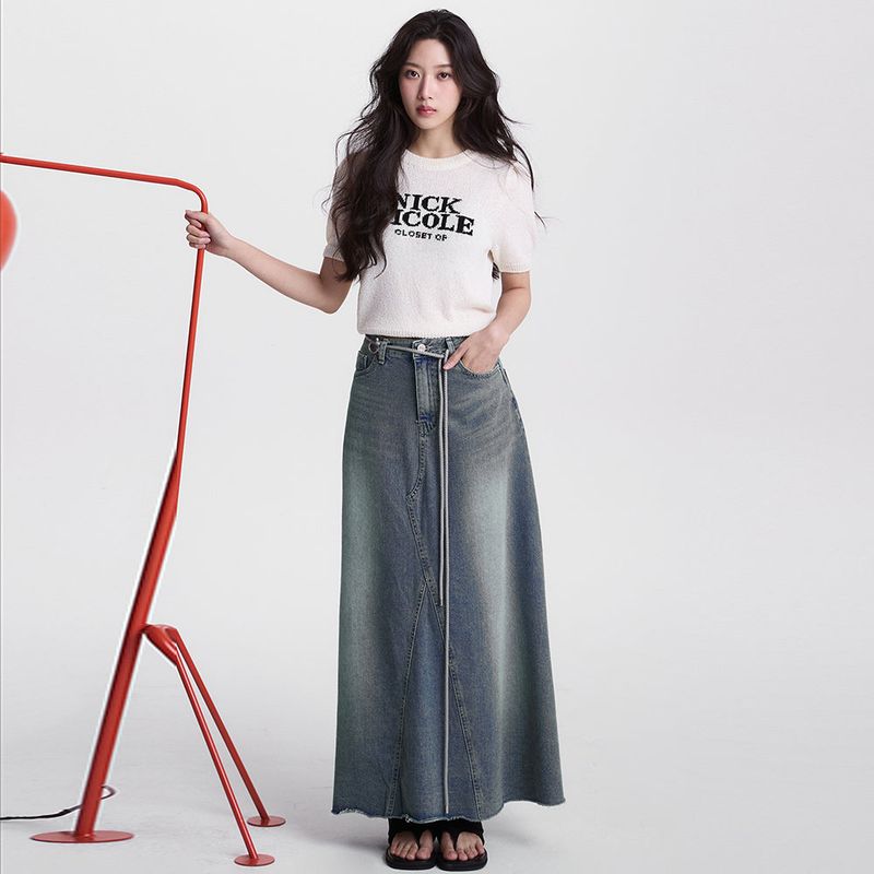 LINE FLARE LONG DENIM SKIRT_BLUE