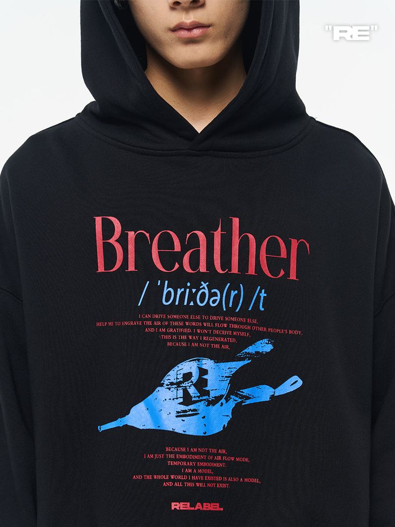 RELABEL Black Leather Windbreaker Theme Print Basic Long-Sleeve Printed Hooded Sweatshirt