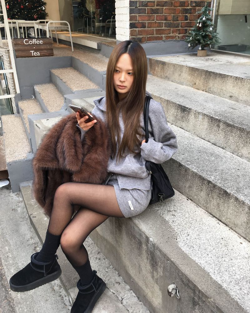 Grey knit hood jumper set