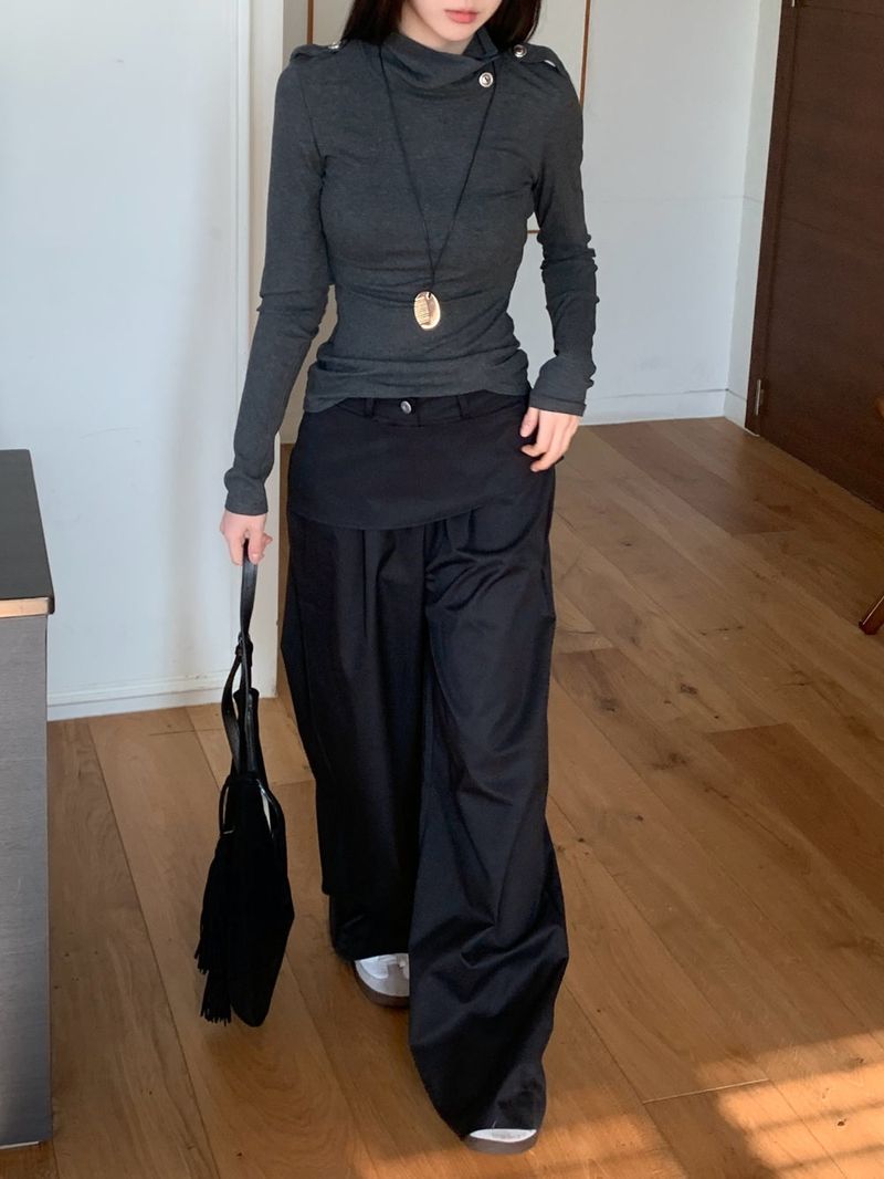 Close Pintuck Wrap Two Button High Waist Long Wide Pants