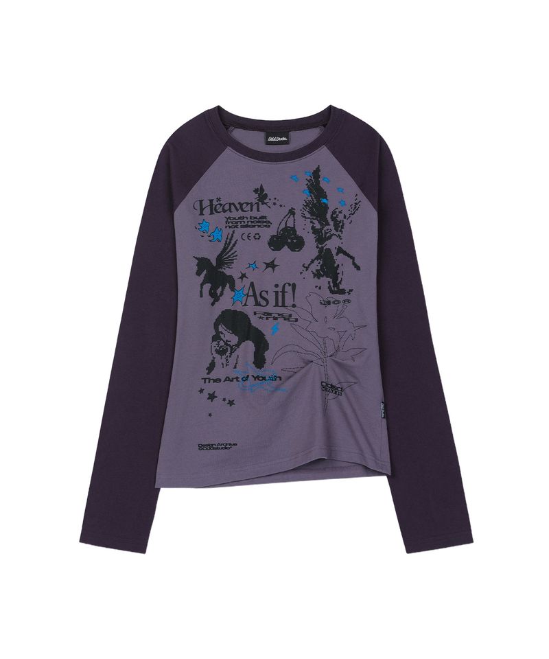 Kitsch Stamp Pintuck Raglan Long Sleeve - GRAY PURPLE