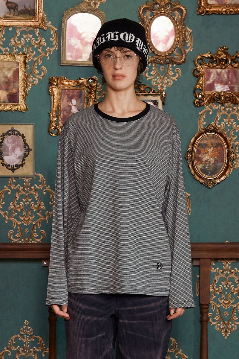 UNALLOYED(アナロイド)の「LOGO STRIPE LONG SLEEVE T SHIRT / BLACK(Tops)」