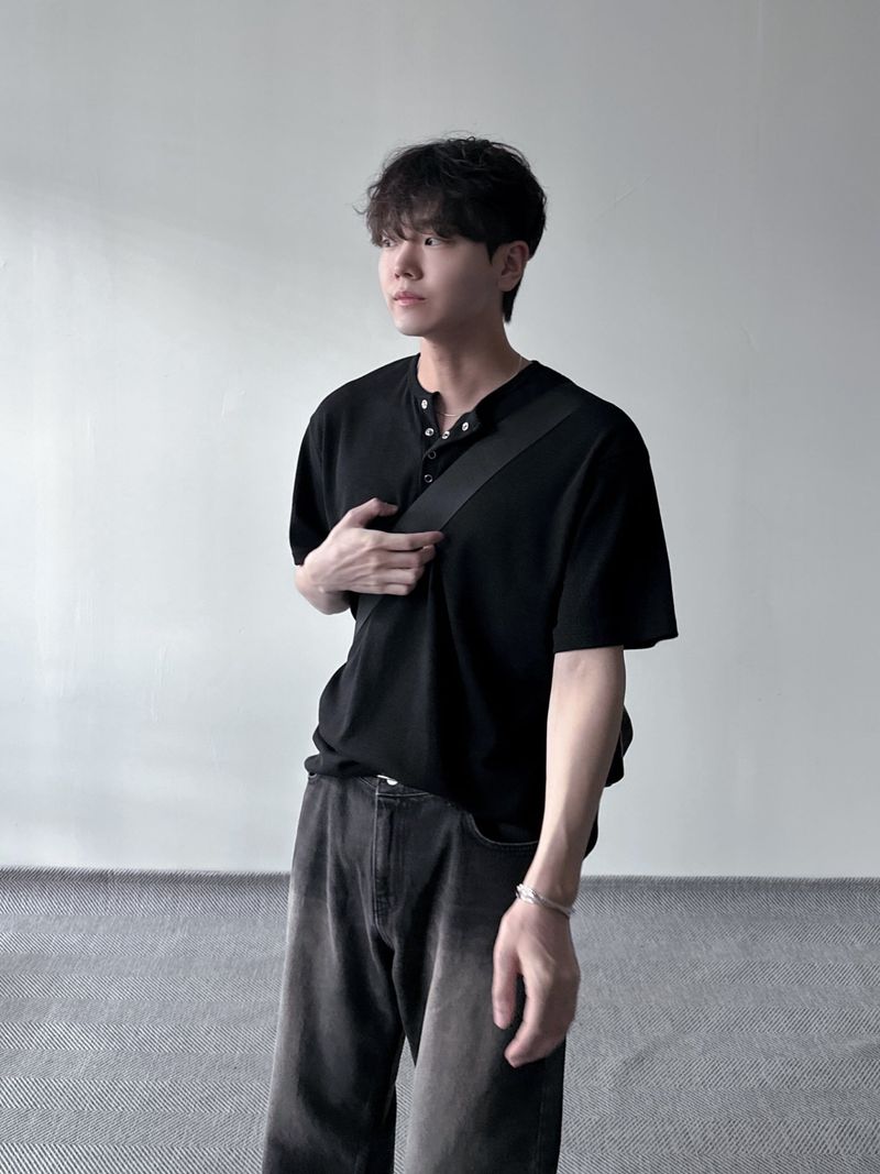 ワッフルヘンリーネックハーフTシャツ