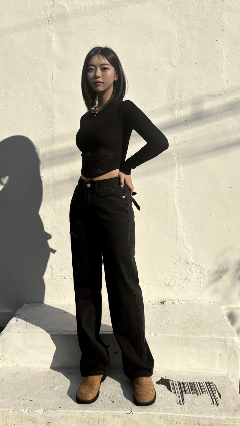 RIBBON SEMI-WIDE BLACK DENIM PANTS code 18318