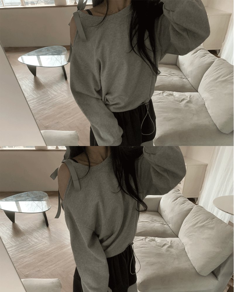 GUSTA（グスタ）の「Unbalanced Ribbon Off Shoulder Loose Fit  Sweatshirt (2 Colors)（Tops）」