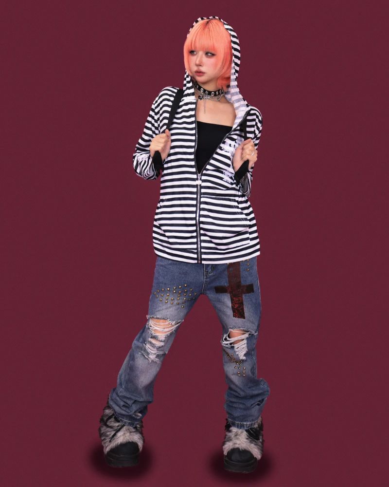 cross striped loose hood zip-up