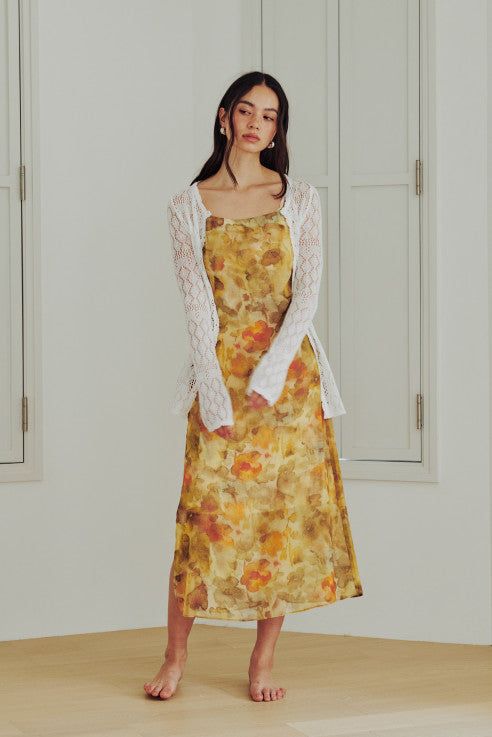 Sheer Flower Long Dress (YELLOW)