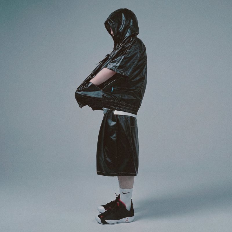 glossy faux leather hood zip-up hoodie_black