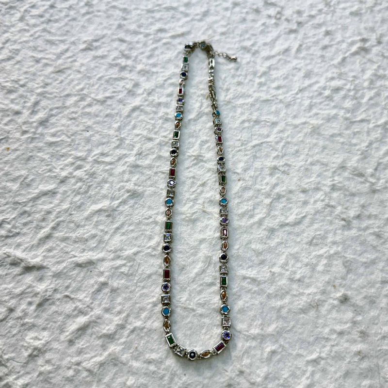 Silver Frame Gem Necklace