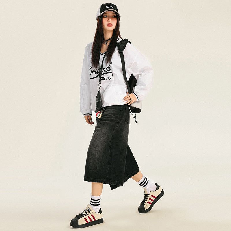 American retro loose-fitting washed distressed wide-leg capri pants