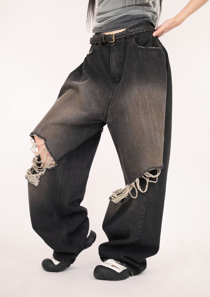 (UNISEX)Torn Twilight black Denim