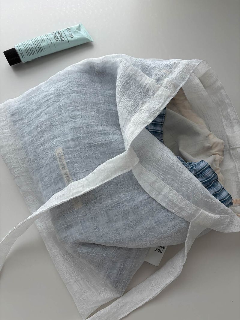 Pattern string pouch - blue check , S size