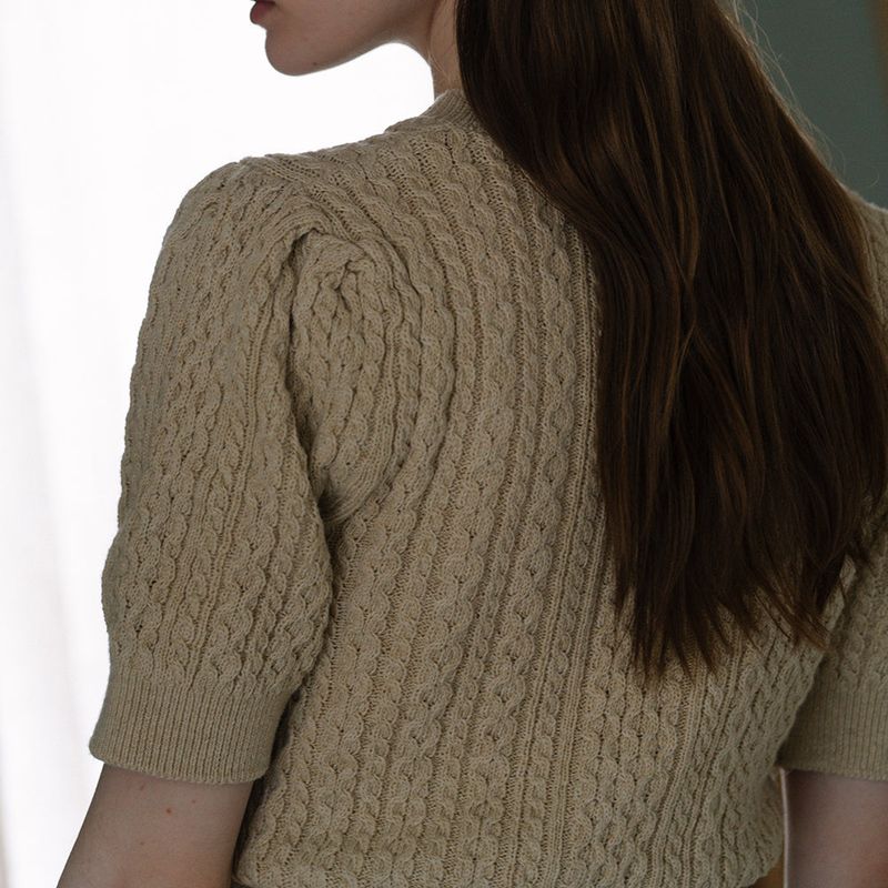 Cable Puff Sleeve Knit - Beige