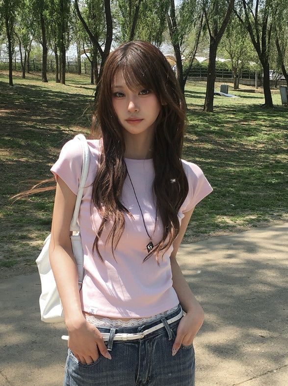 anyonemore（エニーワンモアー）の「26SS★ [MADE/more BASIC/Tumble Washing] ローブセミクロップドラウンド無地半袖Tシャツ（トップス）」