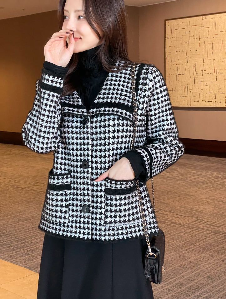 Marron Sailor Collar Hound Check Knit Jacket Cardigan