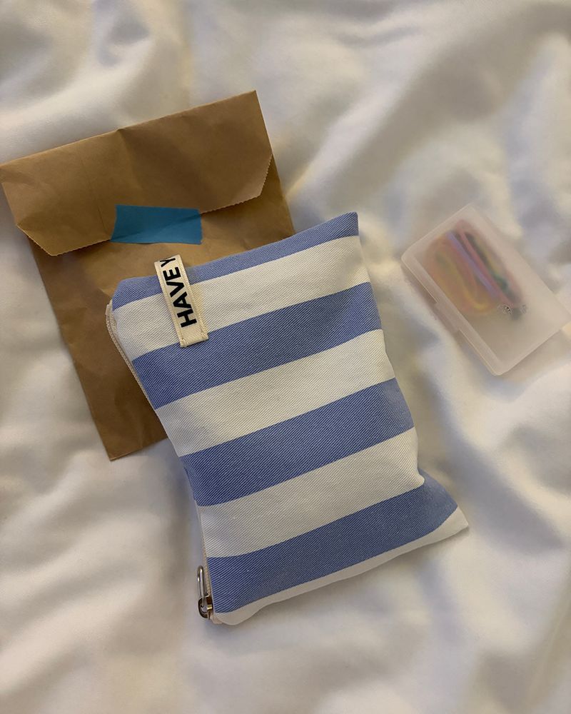 Wide stripe flat pouch - blue , S size