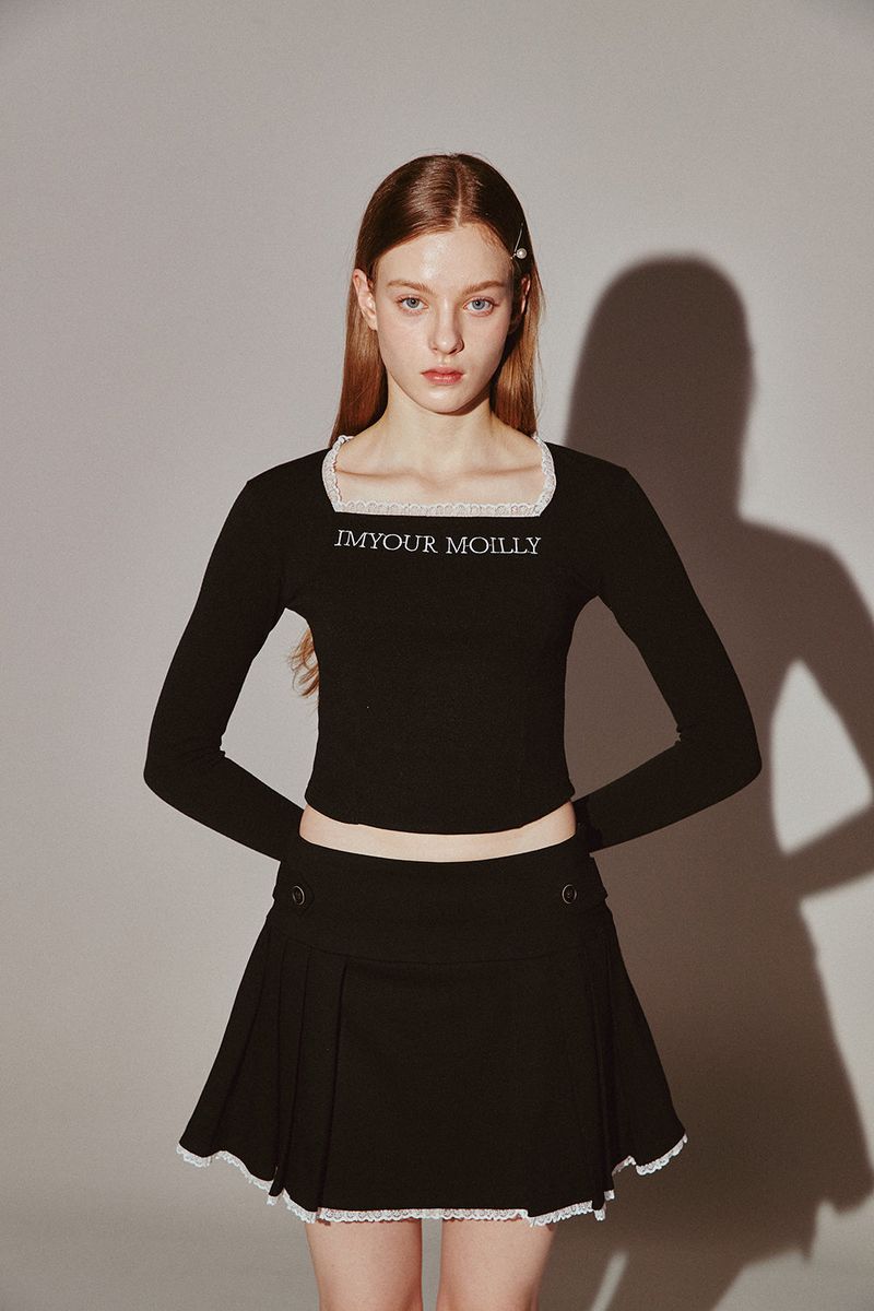 Square Neck Lace Long Sleeve Black
