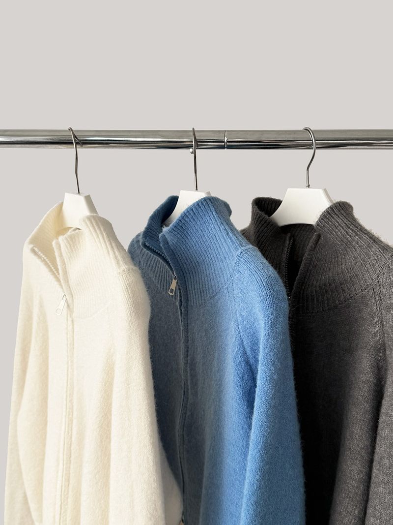 Stand Collar High Neck Zip-Up Long Sleeve Knitwear