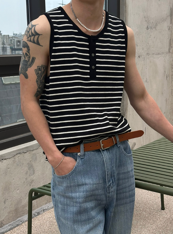 [S/S] Stripe henry neck sleeveless(3color)