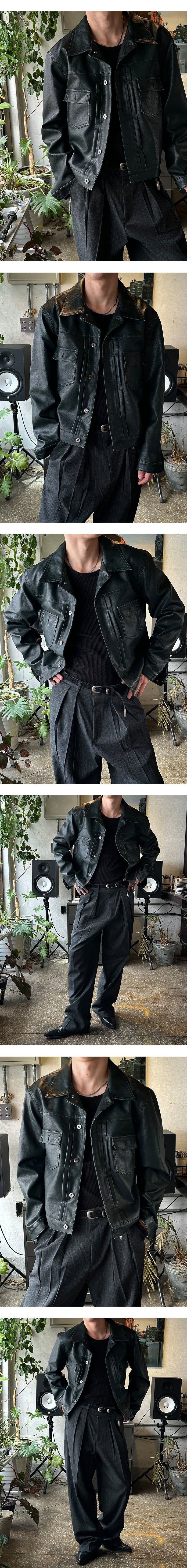  [F/W] Pin tuck leather trucker jacket(3color)