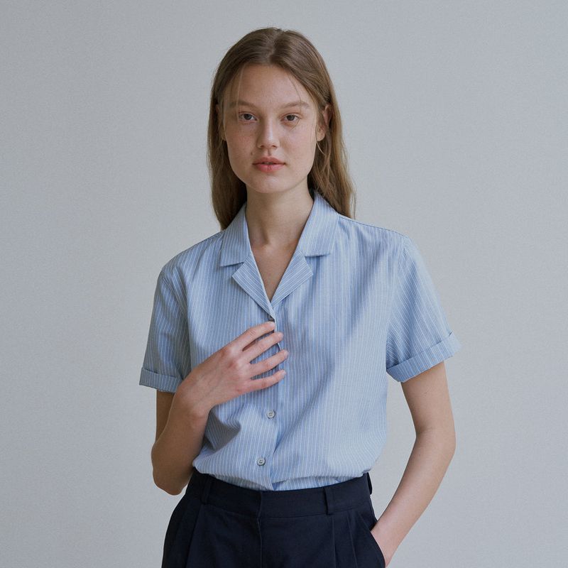 URAGO（ユラゴ）の「Stripe open collar shirt（Tops）」