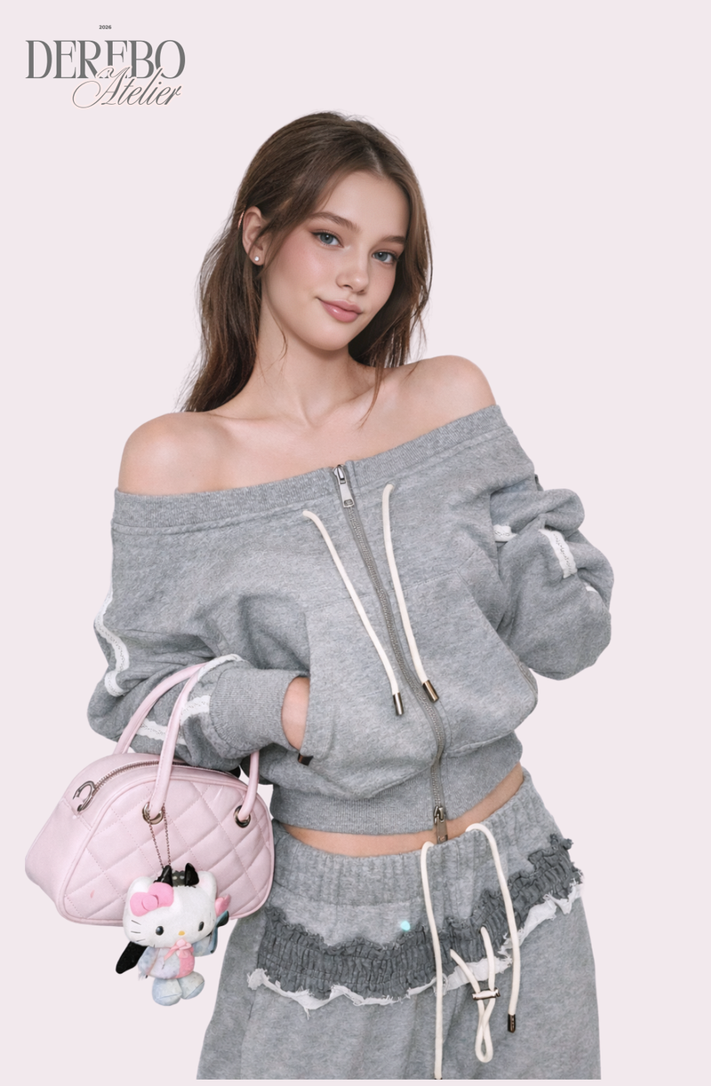 Grey off-shoulder zip-up frill training setup (SET)