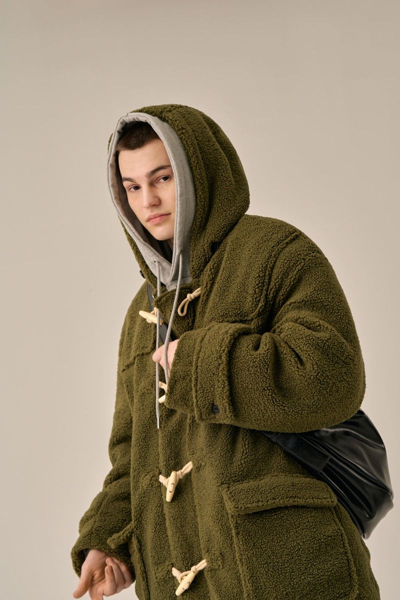 DUFFLE FLEECE HOODED COAT - KHAKI