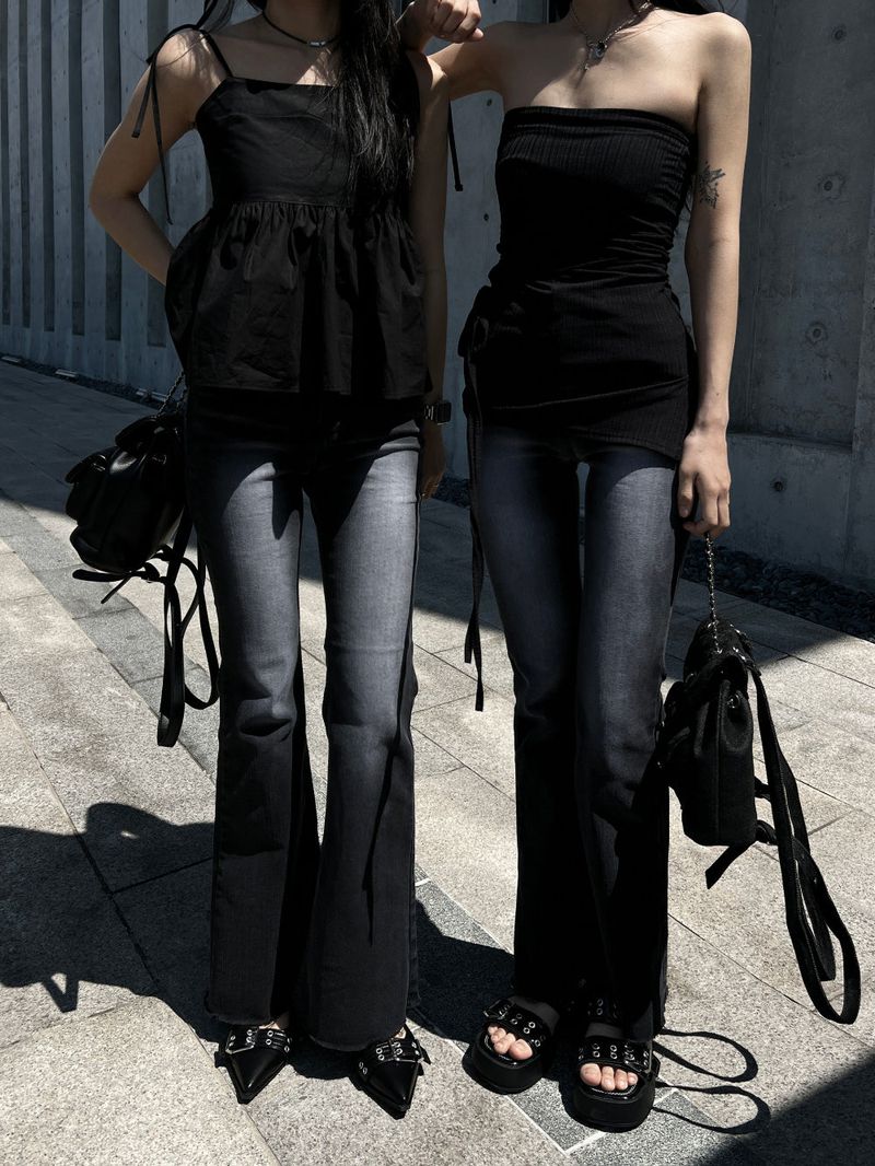 Gradient Washed High Waist Span Long Bootcut Denim Pants (Black)